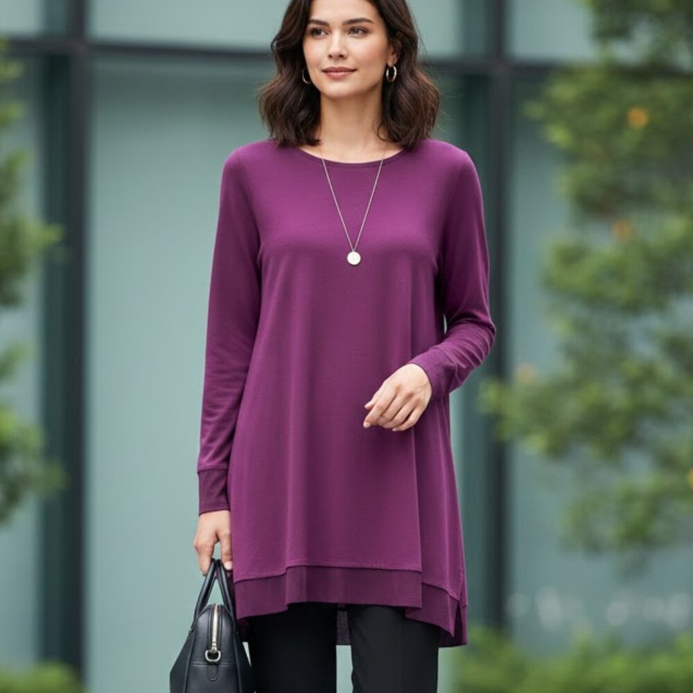 Eileen Fisher Purple Viscose Jersey Long Tunic Top NWT Size Small